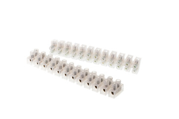 Set of transparent plastic electrical terminal block, isolated on white background