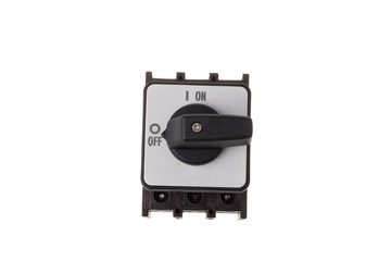Top view of a on off knob in OFF position for three phase voltage, isolated on white background