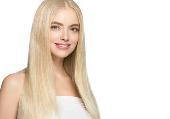 Naklejka premium Blonde woman hair long hairstyle beautiful face beautymodel cosmetic spa concept