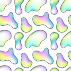 Liquid shape with rainbow gradient on white background. Nursery abstract seamless pattern. Pastel color floating paint blob
