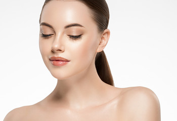 Beauty woman face clean healthy skin natural make up isolated on white