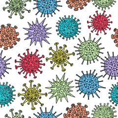 Different kinds of virus, sketch collection. Hand drawn illustration of seamless pattern. Respiratory virus infection. Corona virus. Covid19 and other viruses.