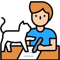 Man writing on paper with cat, work from home