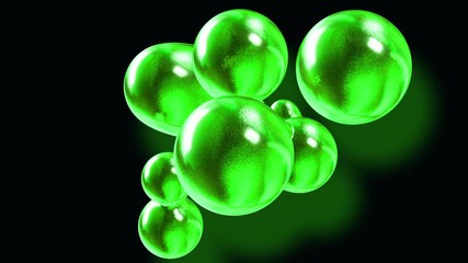 amasing abstract background of metaballs as if glass drops or spheres filled with green sparkles merge together and scatter move around cyclically in 4k. Looped seamless animation with glisten bubbles