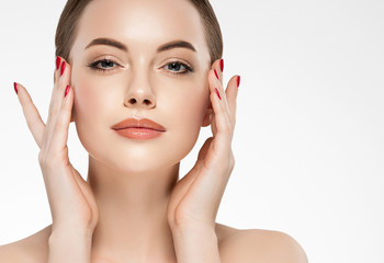 Obraz na płótnie Canvas Woman beauty healthy clean skin manicure nails hand touching face spa beautiful female concept