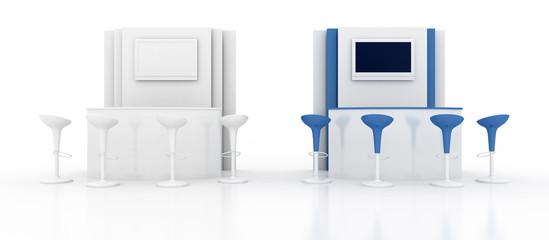 Corporate blue and blank white kiosks, isolated on white, with copy space. Original 3d rendering