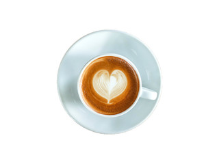 Top view of hot coffee Cappuccino cup or Latte art Heart shape isolated on white background.