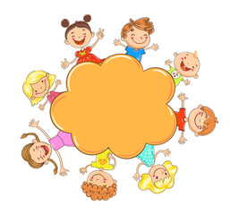 Vector illustration of a happy doodle cartoon kids behind blank frame, speech bubble template.