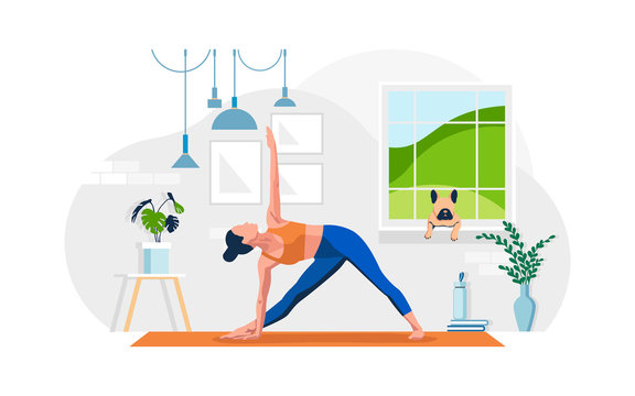 Young woman practicing yoga exercise on the mat at home. A dog lies on a windowsill. Concept living room with window, plants, girl, lamps, person indoor activity. Flat vector illustration. 