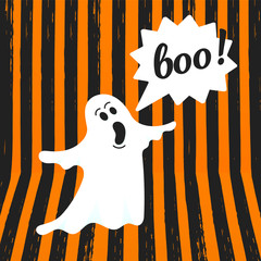 Boo ghost halloween message concept. Flying halloween funny spooky ghost character say BOO with text space in the speech bubble vector illustration isolated on orange striped background.