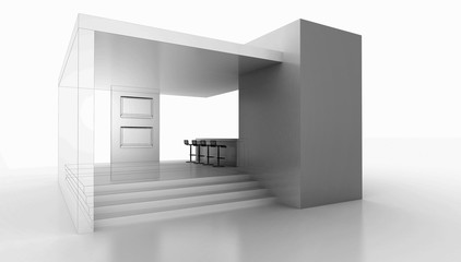 Corporate booth, isolated on white, with copy space. Original 3d rendering