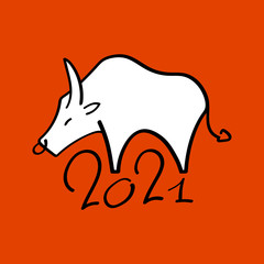 2021 Lettering inscription with ox silhouette. 2021 Lunar Year Animal on red background. Chinese zodiac ox or bull sign