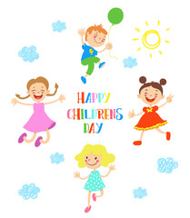 Vector Illustration Of Happy Cartoon Kids Playing and Jumping.