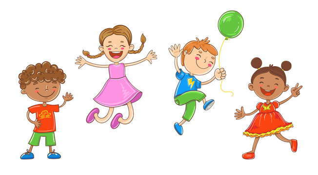Vector Illustration Of Happy Cartoon Kids Playing and Jumping.