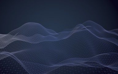 Abstract landscape on a dark background. Cyberspace navy blue grid. hi tech network. 3D illustration