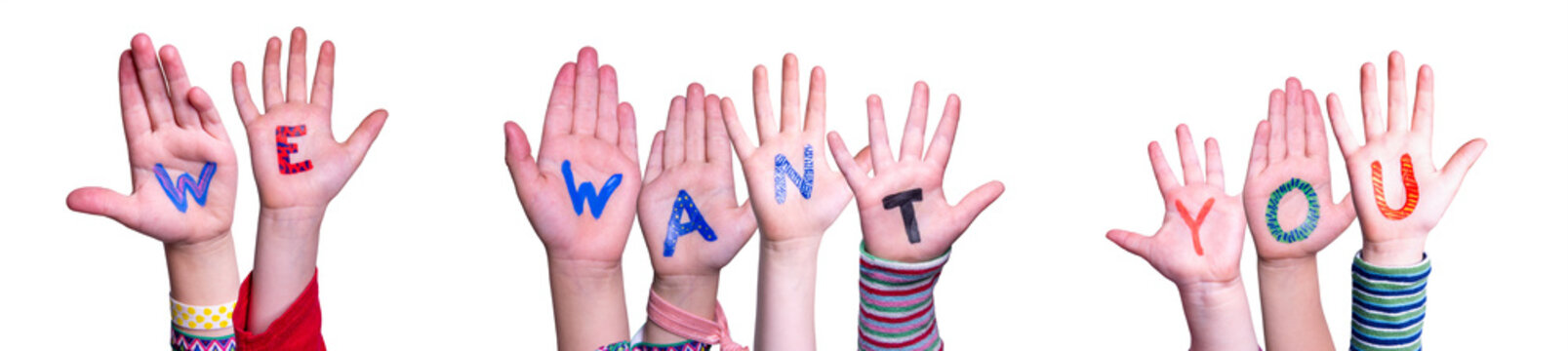Children Hands Building Colorful Word We Want You. White Isolated Background