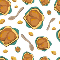 Vector seamless pattern on the theme of peanut butter.Breakfast Foods seamless Pattern.Yummy toast
with peanut butter. Food theme pattern for your design.Stock illustration of a spoon and peanut toast