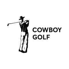 Mascot icon illustration of a cowboy golfer wearing a hat leaning on golf club viewed from front on isolated background in retro style.