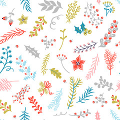 Scandinavian cozy Christmas seamless pattern with cute hand drawn floral elements