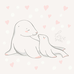 Fur seal. Animal family character. Vector illustration. Mom and baby. Happy mother day. Mom I love you.