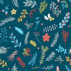 Scandinavian cozy Christmas seamless pattern with cute hand drawn floral elements