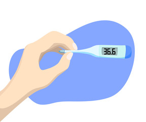 Human hand with thermometer showing 36.6 degrees. Normal temperature of human body. Electronic thermometer