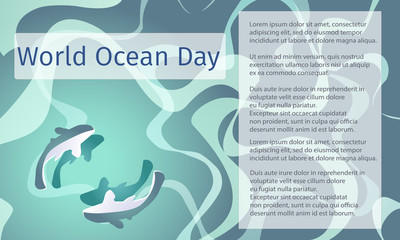 Vector marine banner for World Ocean Day. Stylization of turquoise waves on a blue background for text, presentations, posters and advertising.