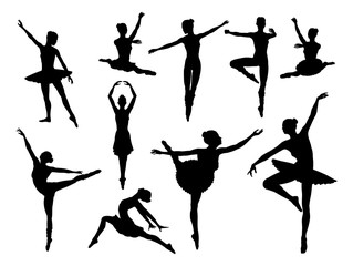 Ballet dancer set of silhouettes dancing in various poses and positions - obrazy, fototapety, plakaty