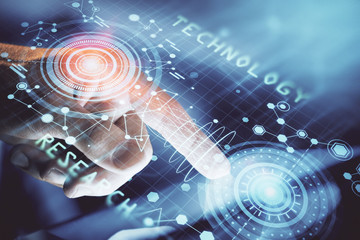 Multi exposure of man's hand holding and using a digital device and data theme drawing. Innovation...