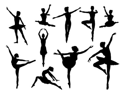 Ballet dancer set of silhouettes dancing in various poses and positions