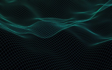 Abstract landscape background. Green cyberspace grid. hi tech network. 3D illustration