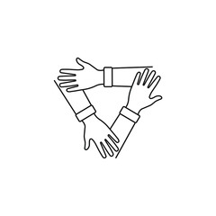 Teamwork icon. 3 hands hold on each other isolated on white background. Vector illustration