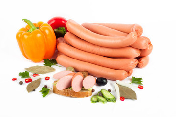 Boiled sausage with spices peppers laurel composition