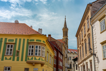 narrow medieval colorful street of Sopron Hungary with beautiful architecture