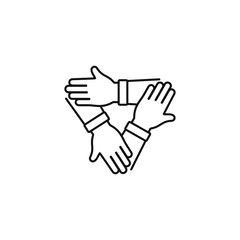 Obraz premium Teamwork icon. 3 hands hold on each other isolated on white background. Vector illustration