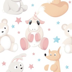 Seamless pattern background with little cute cartoon animal toys and stars