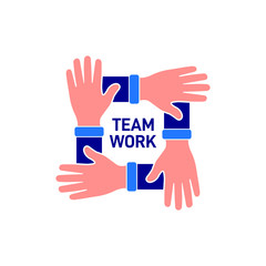 Teamwork icon. 4 hands hold on each other isolated on white background. Vector illustration