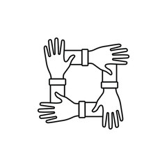 Teamwork icon. 4 hands hold on each other isolated on white background. Vector illustration