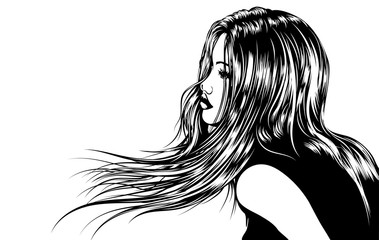 Girl with hair on the wind. Vector image. 
