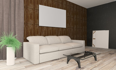 living room. white leather sofa. big windows. walls made of wood panels. Empty paintings. 3D rendering