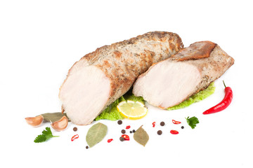 Boiled grilled smoked baked meat with spices peppers laurel composition