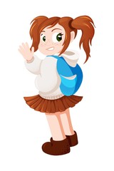 Vector red-haired girl is wave and smiling. Ginger schoolgirl vector