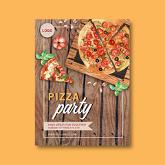 Pizza poster design with pumpkin, basil, pizza watercolor illustration..