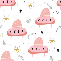 Childish seamless pattern with aliens, ufo in cosmos. Perfect for kids apparel,fabric, textile, nursery decoration,wrapping paper