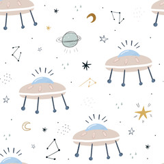 Childish seamless pattern with aliens, ufo in cosmos. Perfect for kids apparel,fabric, textile, nursery decoration,wrapping paper - 347749398