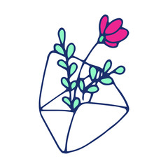 Envelope with flower and leaves isolated on white background