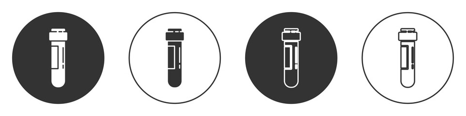 Black Test tube or flask with blood icon isolated on white background. Laboratory, chemical, scientific glassware sign. Circle button. Vector Illustration