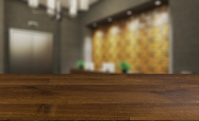 blurred interior on a wooden table background.Reception is a small business center. closed space. stainless steel elevator doors. concrete and wood panel walls. 3D rendering