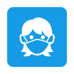 Icono plano cabeza de mujer con máscara hospital en cuadrado color azul
