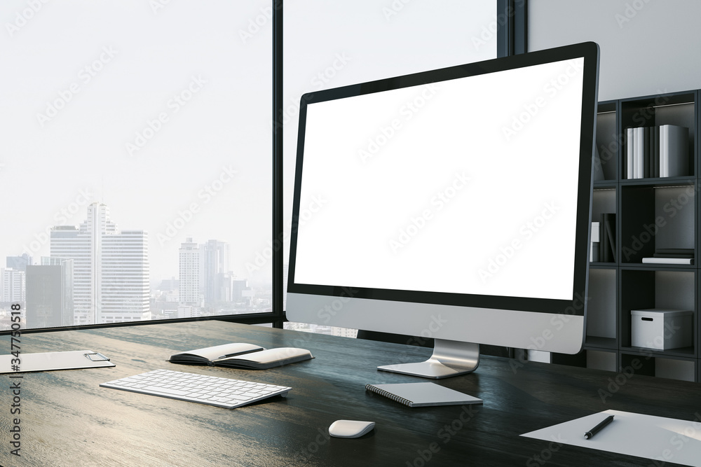Poster creative designer workplace with empty white computer screen
